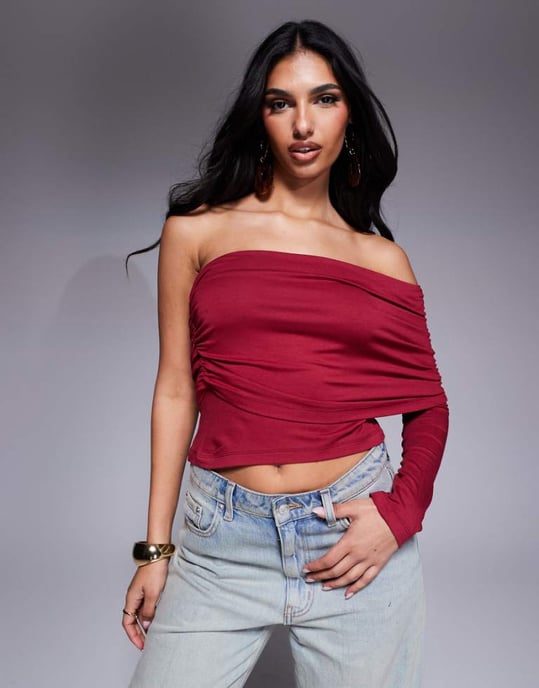 ASOS DESIGN one shoulder bardot top in berry - Image 1