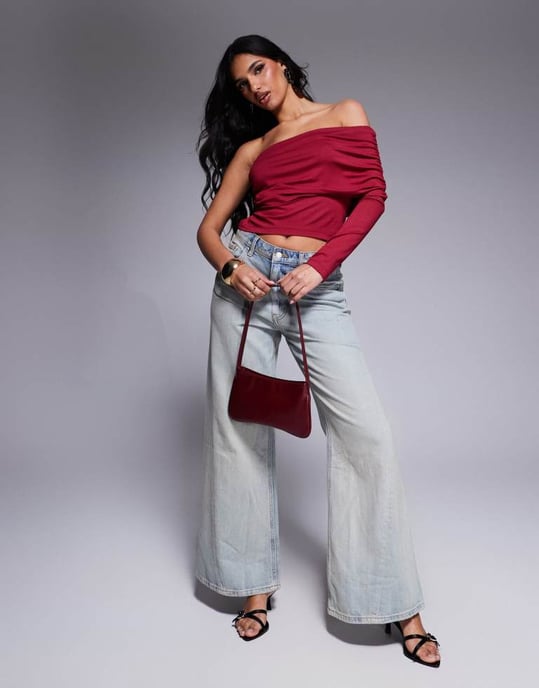 ASOS DESIGN one shoulder bardot top in berry - Image 2