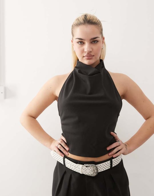 COLLUSION tailored drape halter top co-ord in black - Image 2