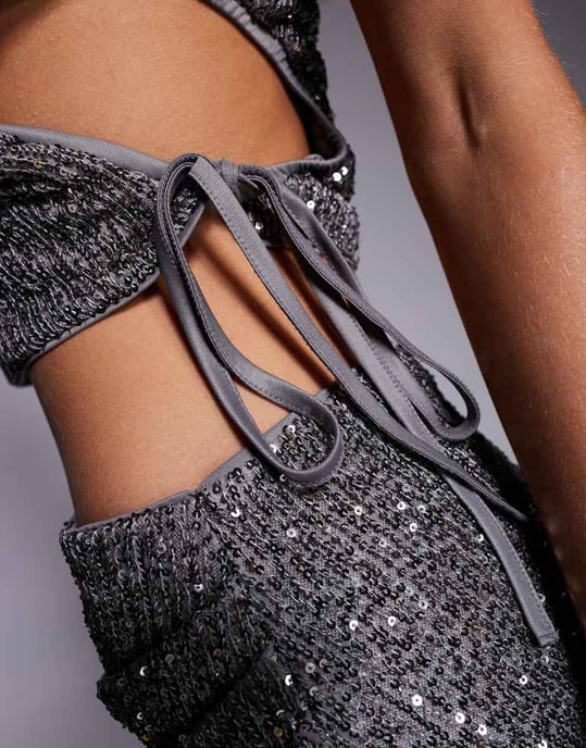 ASOS DESIGN co-ord sequin one shoulder top with ruched cut out in charcoal - Image 4