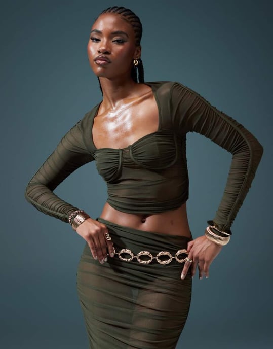 ASOS DESIGN co-ord ruched mesh bust cup top in khaki - Image 1