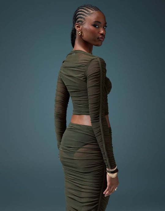 ASOS DESIGN co-ord ruched mesh bust cup top in khaki - Image 3