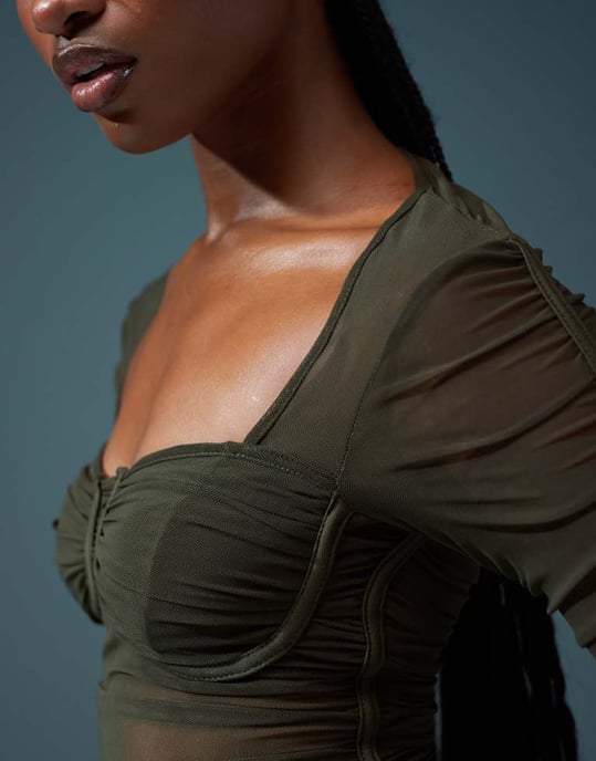 ASOS DESIGN co-ord ruched mesh bust cup top in khaki - Image 4