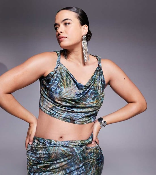 ASOS DESIGN Curve co-ord slinky twist shoulder top in blue print - Image 1