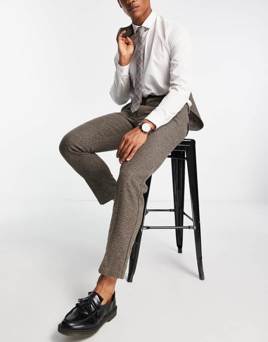 Selected regular fit suit trousers in brown houndstooth - Image 4