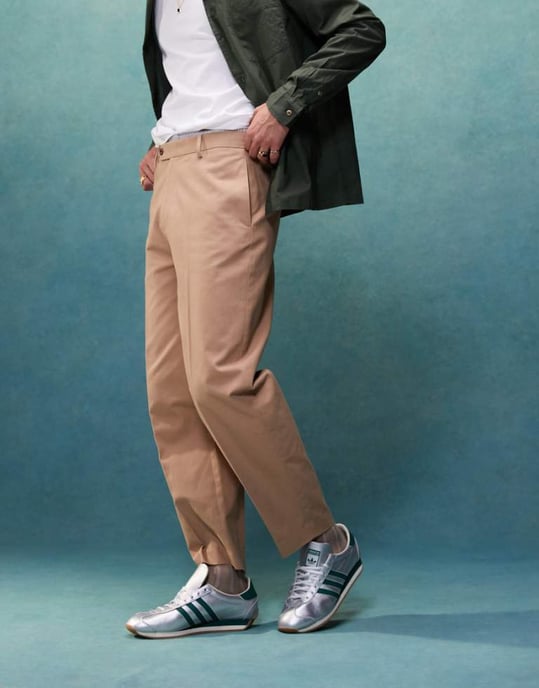 ASOS DESIGN smart oversized tapered cotton chino trousers with front pleat in tan - Image 1