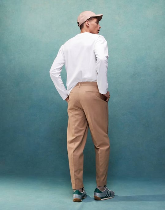 ASOS DESIGN smart oversized tapered cotton chino trousers with front pleat in tan - Image 4
