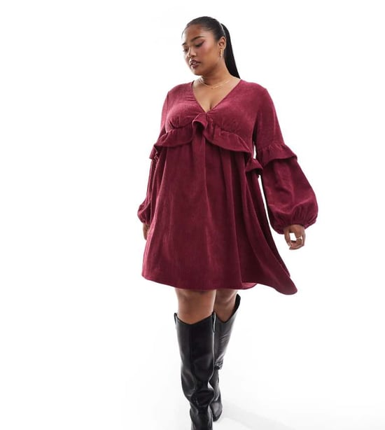 ASOS DESIGN curve cord smock mini dress with frill detail in burgundy - Image 1
