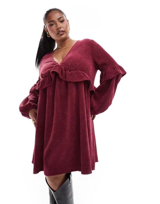 ASOS DESIGN curve cord smock mini dress with frill detail in burgundy - Image 2
