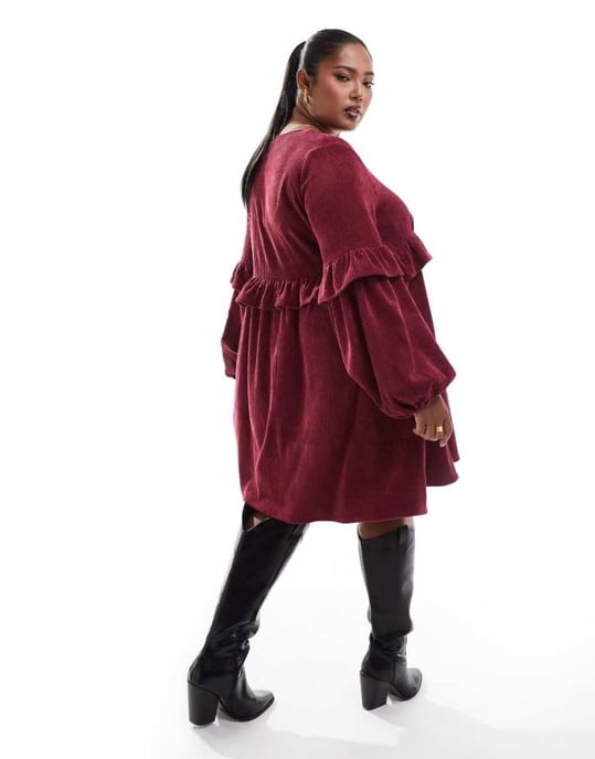 ASOS DESIGN curve cord smock mini dress with frill detail in burgundy - Image 3