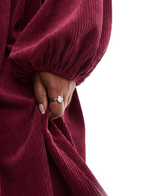 ASOS DESIGN curve cord smock mini dress with frill detail in burgundy - Image 4