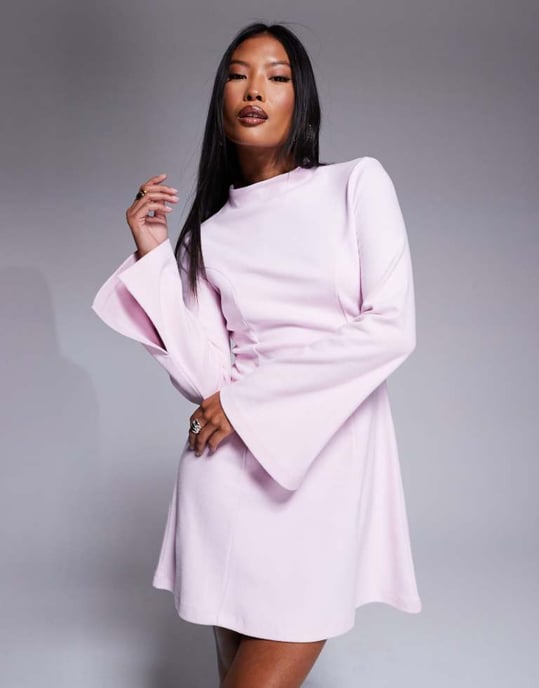 ASOS DESIGN Petite supersoft grown on neck fit and flare mini dress in pink - Image 2