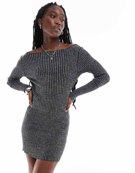 COLLUSION knit twinkle slash neck dress in black - Image 1