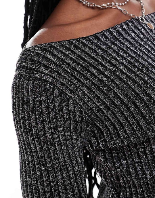 COLLUSION knit twinkle slash neck dress in black - Image 3