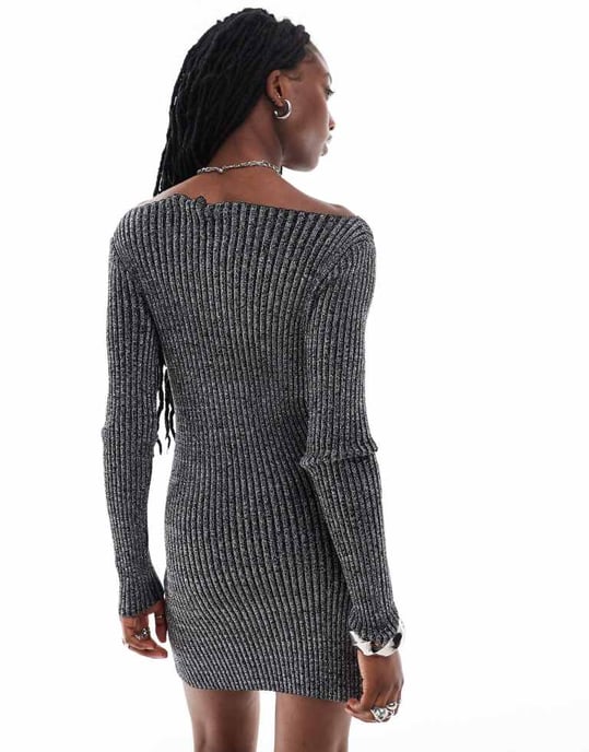 COLLUSION knit twinkle slash neck dress in black - Image 4