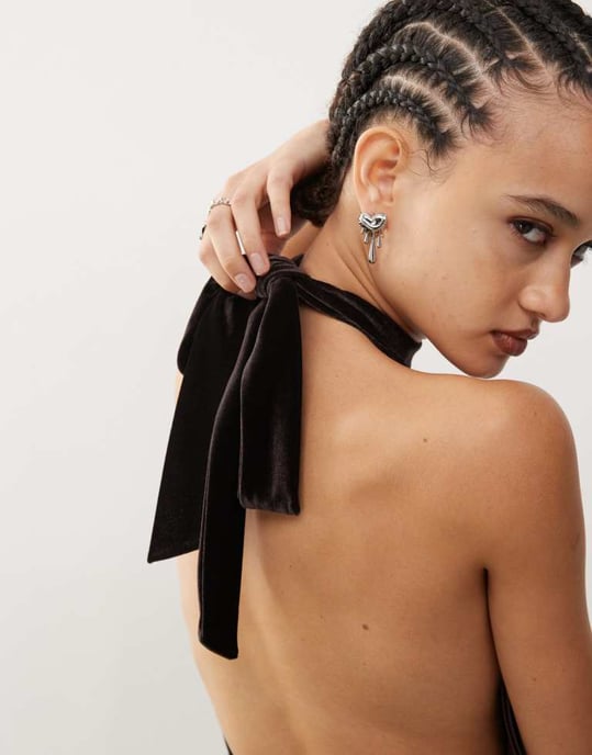 COLLUSION tie halter backless flippy mini dress in dark choc velvet - Image 2