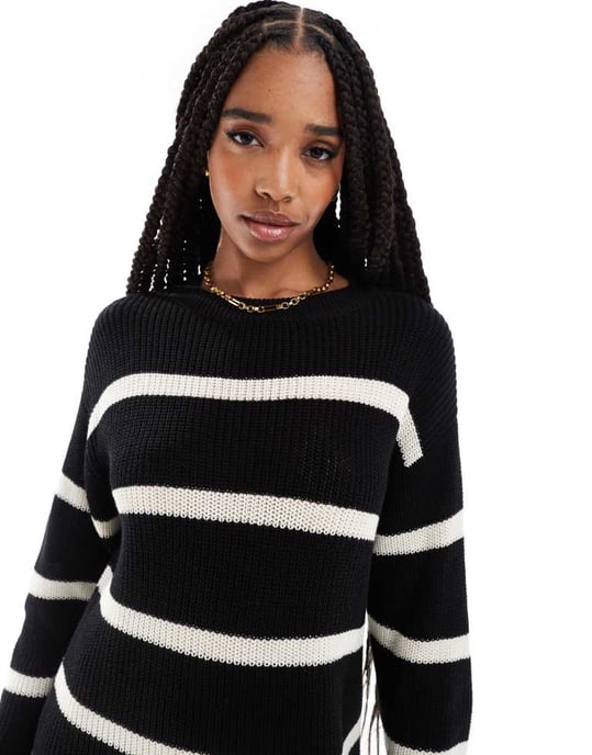 Noisy May Tall slouchy knitted dress in black with cream stripe - Image 2