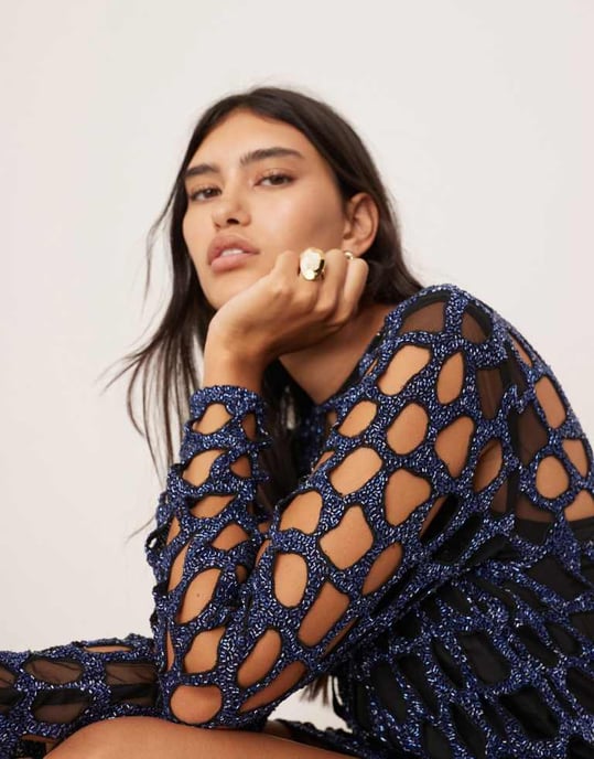 ASOS EDITION embellished circle cut work mini dress in cobalt blue - Image 2