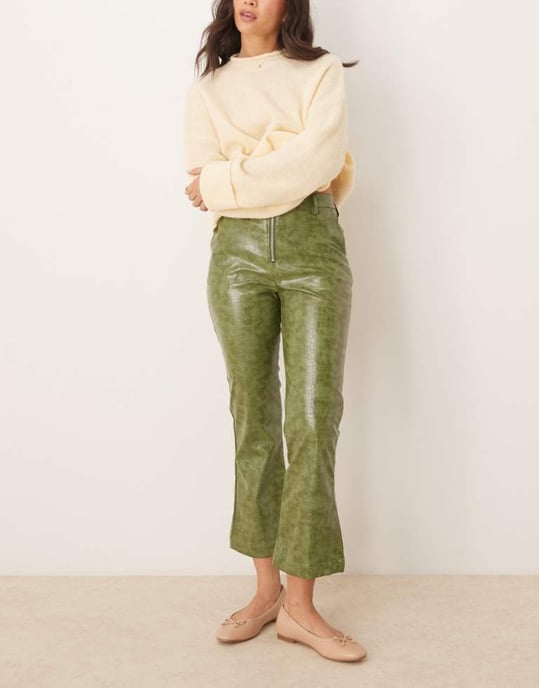 ASOS DESIGN faux leather zip front ankle grazer trouser in green croc - Image 1