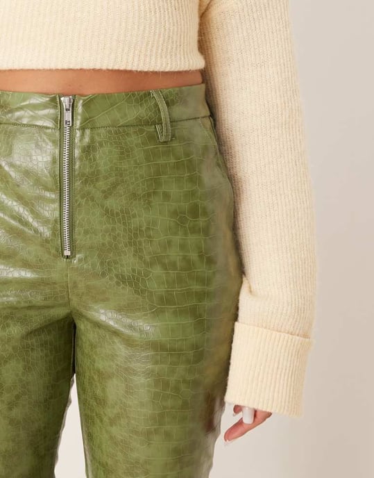ASOS DESIGN faux leather zip front ankle grazer trouser in green croc - Image 4