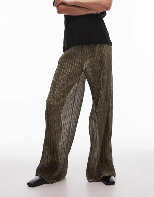Topshop wide leg metallic sheer trousers in black and gold - Image 2