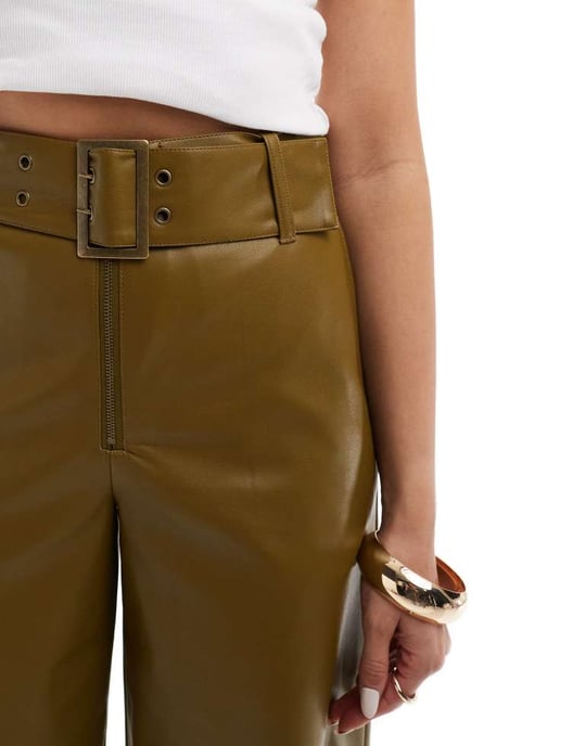 ASOS DESIGN faux leather belted trouser in khaki - Image 4