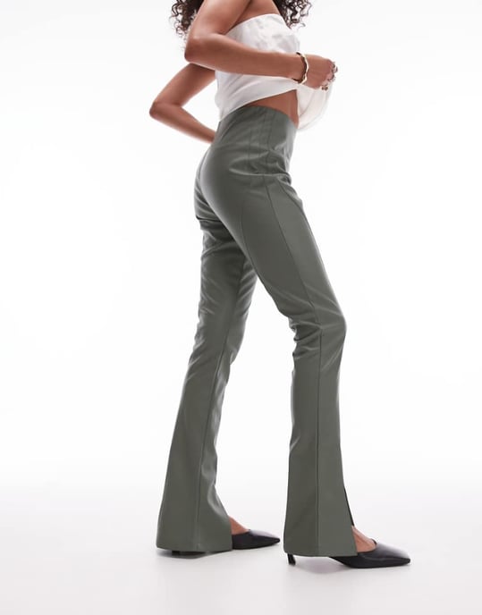 Topshop faux leather seamed flare trouser in khaki - Image 1