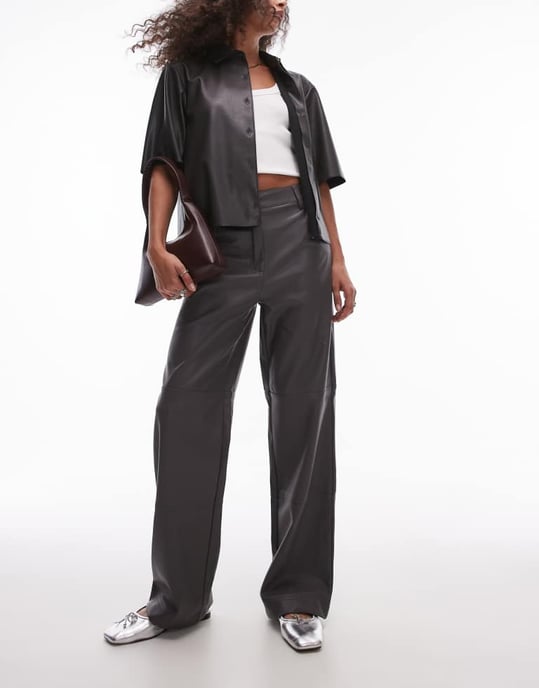 Topshop seam detail straight leg faux leather trouser in grey - Image 2