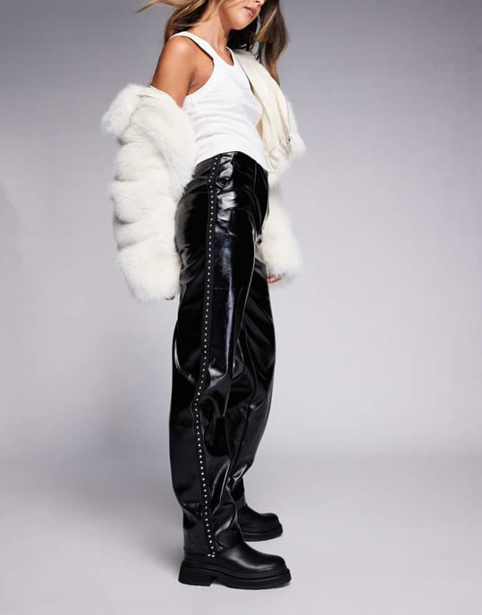 ASOS DESIGN high shine leather look straight leg trouser with stud detail in black - Image 3