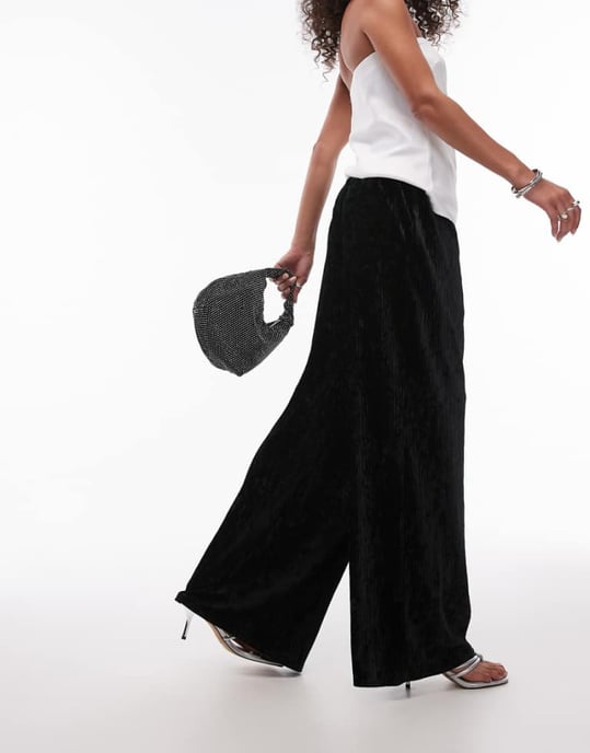 Topshop crushed velvet wide leg trouser with skinny waistband in black - Image 1