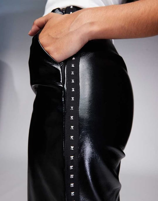 ASOS DESIGN high shine leather look straight leg trouser with stud detail in black - Image 4