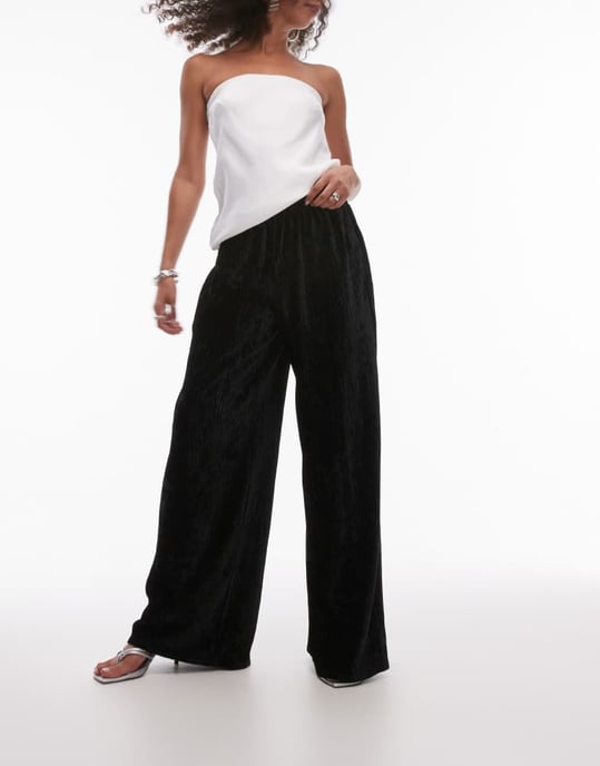 Topshop crushed velvet wide leg trouser with skinny waistband in black - Image 2