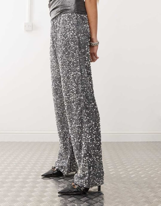 Noisy May wide leg sequin trouser in silver - Image 4