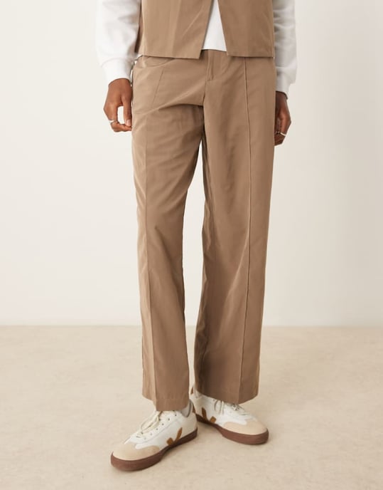 ASOS DESIGN wide leg smart co-ord trousers in brown tech fabric with elasticated waist - Image 1