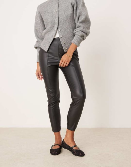JDY Petite high waisted faux leather trousers in black - Image 3