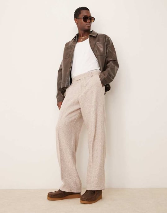 ASOS DESIGN smart wide leg wool blend herringbone trousers in stone - Image 1