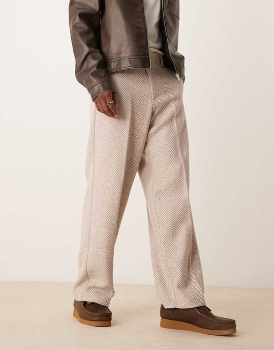 ASOS DESIGN smart wide leg wool blend herringbone trousers in stone - Image 2