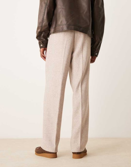 ASOS DESIGN smart wide leg wool blend herringbone trousers in stone - Image 3