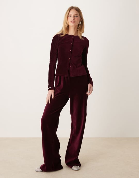 ASOS DESIGN wide leg velvet cord trousers in burgundy - Image 1