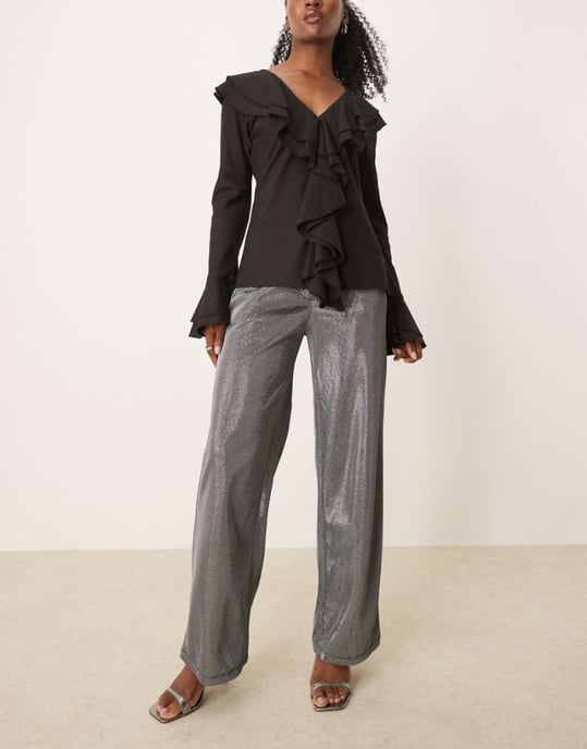 JDY wide leg trousers in metallic silver - Image 1
