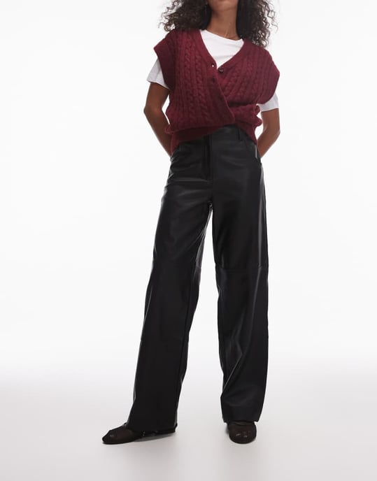 Topshop seam detail straight leg faux leather trouser in black - Image 3