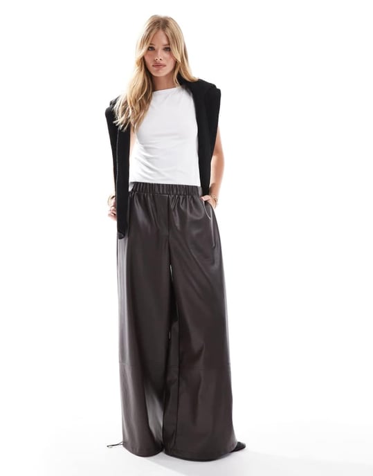 ASOS DESIGN faux leather oversized volume trousers in chocolate - Image 4