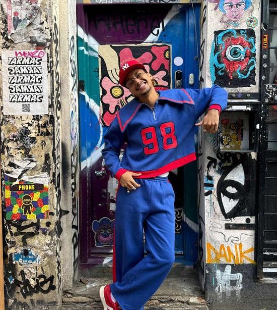 Labelrail x OliBrom straight leg joggers in blue and red co-ord - Image 1