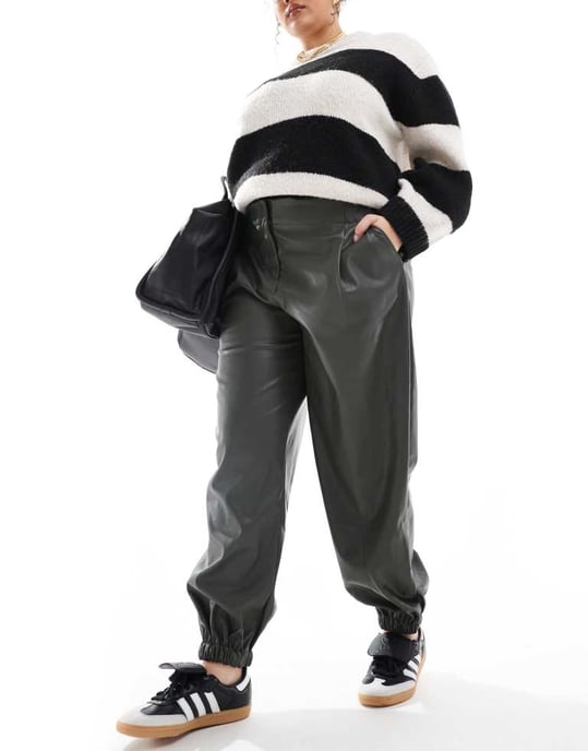 ASOS DESIGN Curve faux leather jogger in khaki - Image 3