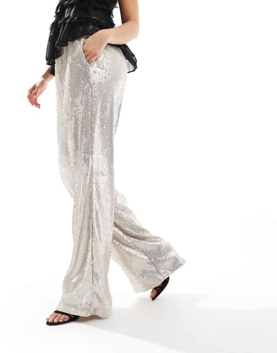 ASOS DESIGN sequin wide leg tailored trouser in cream - Image 1