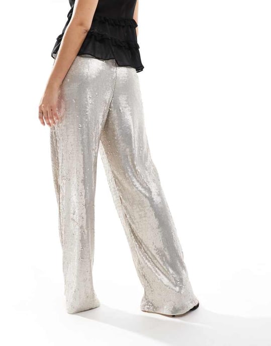 ASOS DESIGN sequin wide leg tailored trouser in cream - Image 2