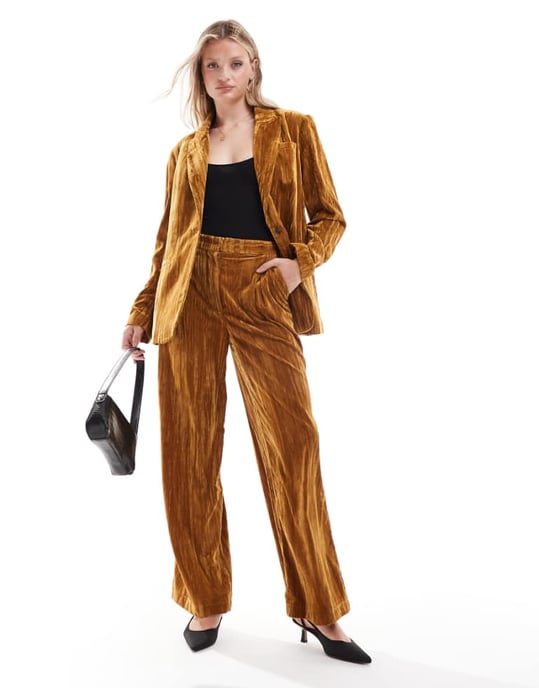 ASOS DESIGN tailored crinkle velvet trouser co-ord in gold - Image 1