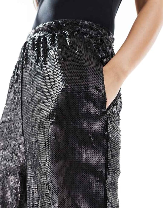 ASOS DESIGN sequin wide leg tailored trousers in black - Image 3