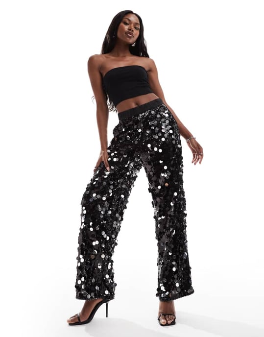ASOS DESIGN disco sequin relaxed tailored trouser in black - Image 3