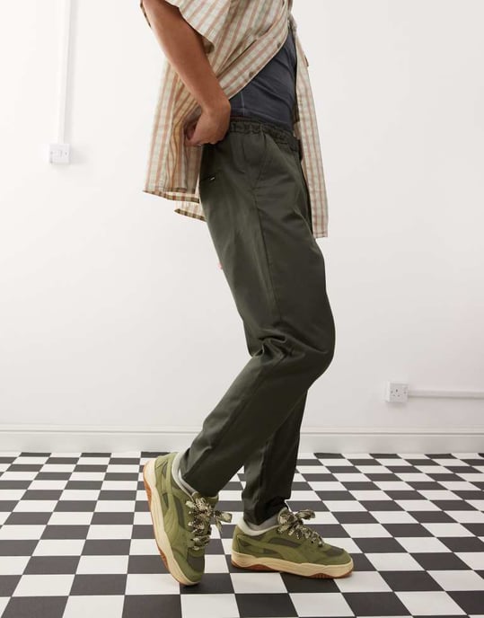 Dr Denim Rush tailored tapered leg chino pant with elastic waistband and drawstring in forest green - Image 2